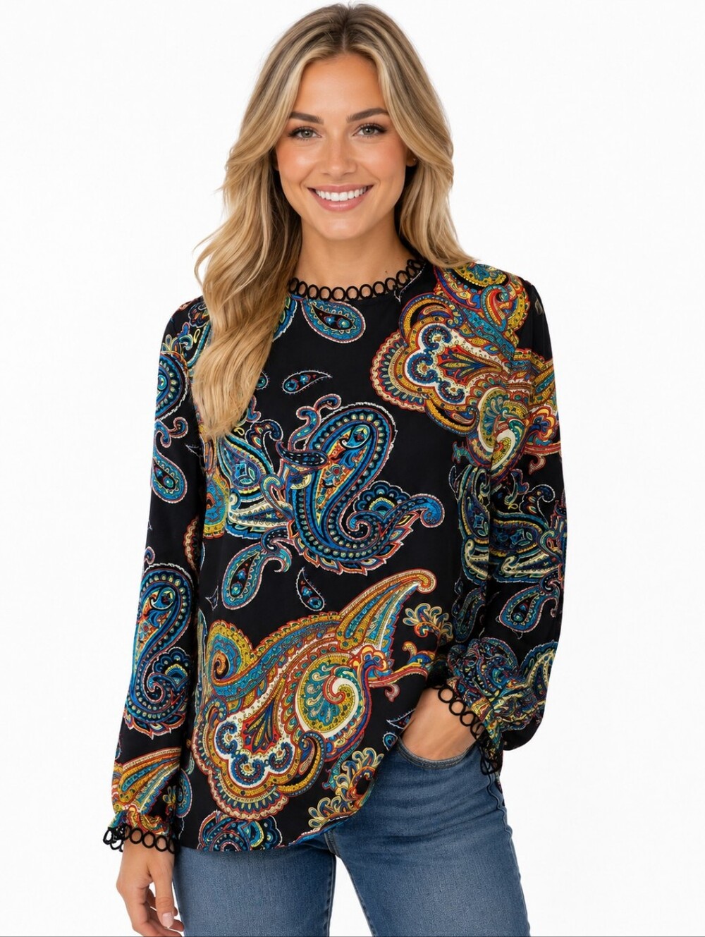 J.Crew 100% Silk Black Paisley Blouse Size 8 Long Sleeve Button Back Top
